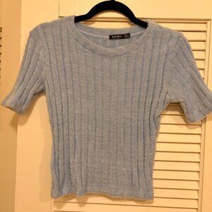 Bershka Light Blue Ribbed Knit Short Sleeve Sweater Top – Soft & Fitted